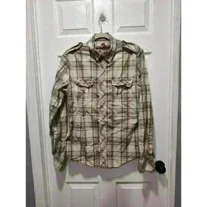 GUESS MENS MEDIUM LONG SLEEVE SNAP DOWN ZIPPERED POCKETS WESTERN PLAID SHIRT‎